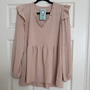 Ruffled V-Neck Blouse in Blush Pink